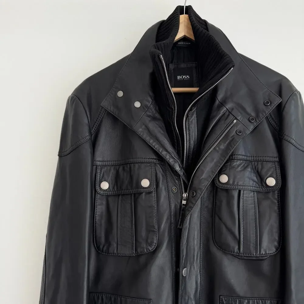 Hugo Boss Leather Jacket Men 38R Black Goatskin Military Field Biker Safari Coat - Picture 2 of 12